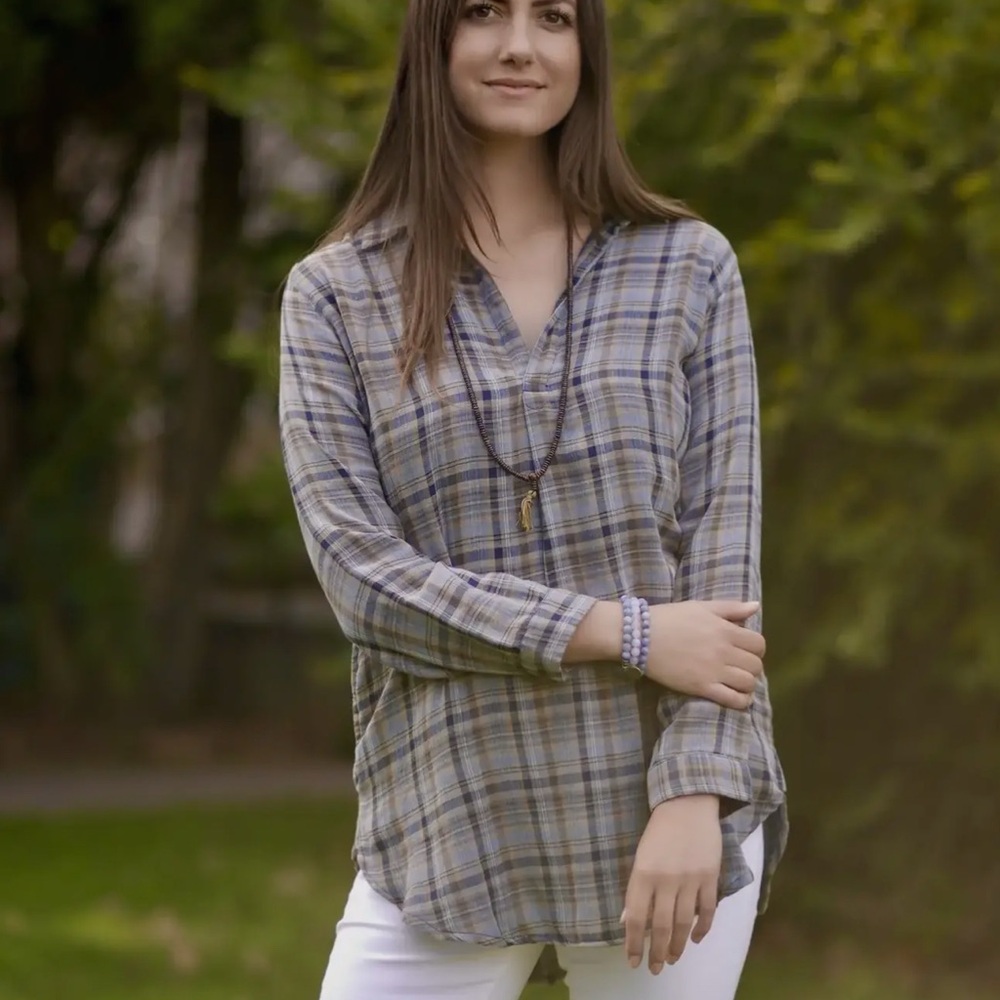 Dolma Jemima blue Plaid Long Sleeve Women's cotton Top pockets NWT